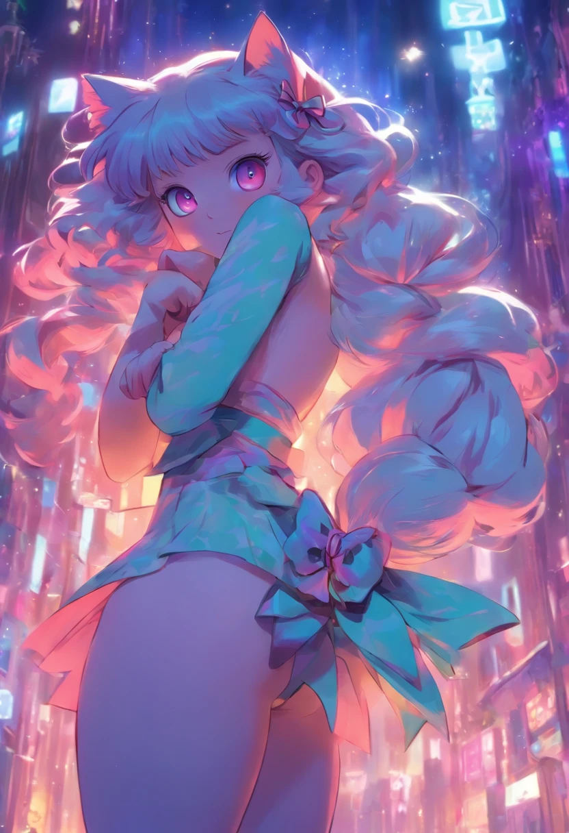 1girll, Frederica Berncastel, bangs, Blue bow, Blue hair, Blunt bangs, bow, breast hold, Cat tail, Crossed arms, dress, Long hair, Long sleeves, Purple eyes, Simple background, Solo, tail bow, tail ornament, tail raised, tail ribbon