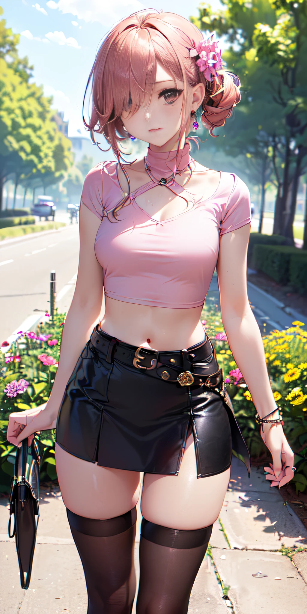 (((obra maestra, mejor calidad, highres, hmeliza, 1girl, hair over one eye, jewelry, single thighhigh, midriff, black skirt, asymmetrical legwear, pink shirt, black thighhighs, belt, miniskirt, standing, cowboy shot, outdoors, filed, flower ))),(((90% nude)))