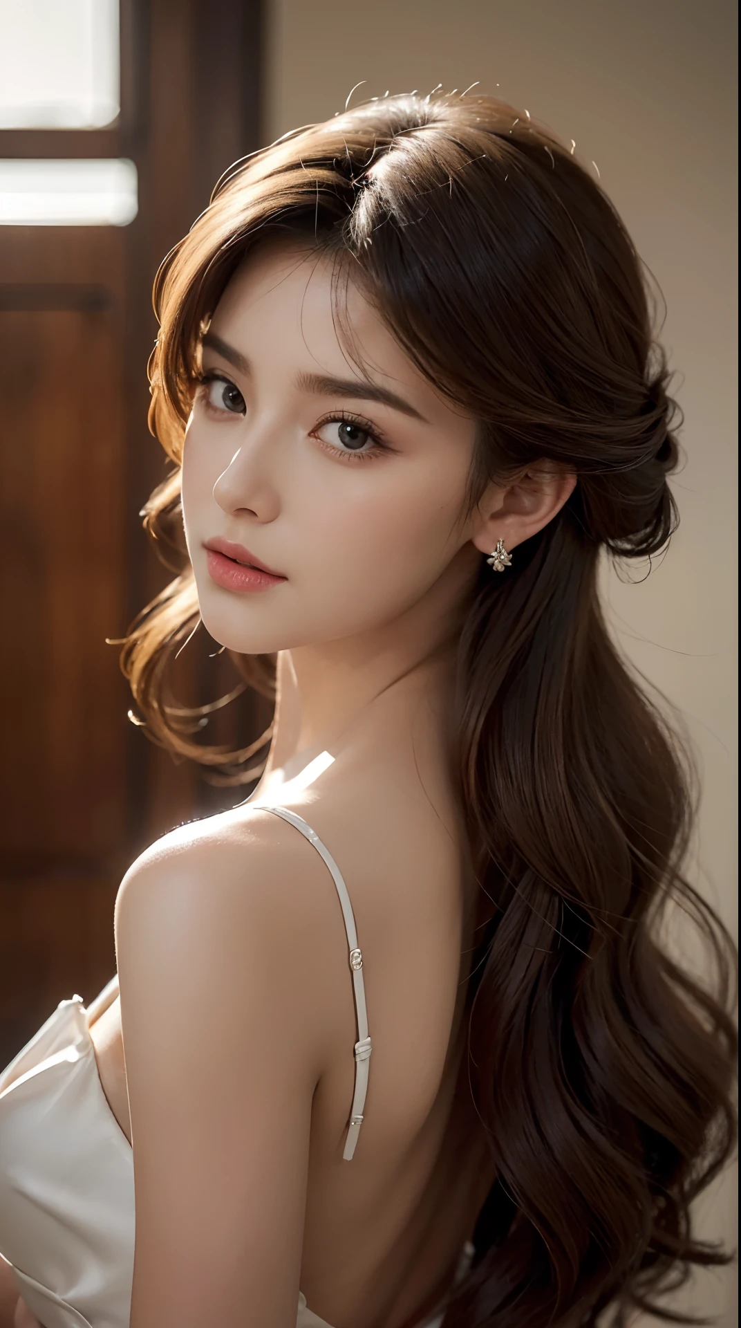 (((masterpiece:1.4, Best Quality:1.4, 8K, ultra high res, Physically Based Rendering))), sharp focus, full body Portrait, flat lightning, ultra Beautiful Sexy Woman, very pretty Japanese women, perfect body:1.1, 24yo, solo, Detailed large eyes, detailed thin eyebrows, Highlights in the eyes, (((half updo light brown wavy hair:1.1, hair behind ears))), Highly detailed facial and skin texture, Slender beauty:1.4, full nudity:1.5, ((gigantic breasts:1.5))), small areola, Slim abs, light makeup, Clear facial features, (smile:1.1), looking at viewer, standing at attention, front view, upper body, simple white background,