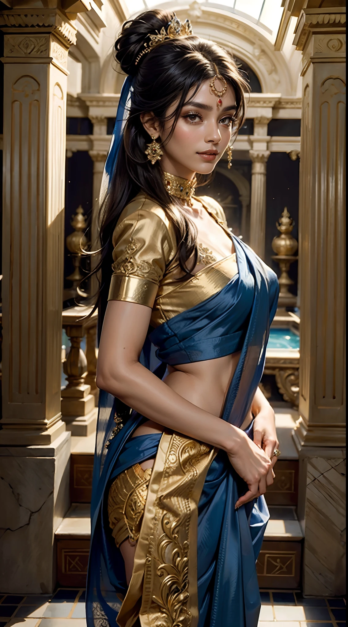 (masterpiece, best quality, realistic),
1girl, background, gypsy dress, dancing, intricate, teal dress, gold, indian palace, gypsy person, banquet, crowd, picking up skirt, darker skin,
[slight smile],