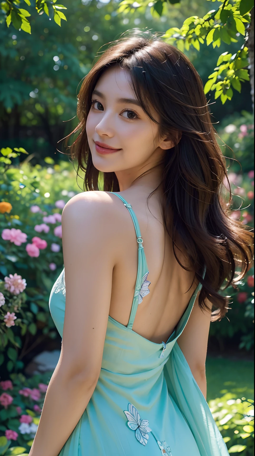 (best quality,4k,8k,highres,masterpiece:1.2),ultra-detailed,(realistic,photorealistic,photo-realistic:1.37),Confident walking attitude, self-love and confidence,beautiful detailed eyes,beautiful detailed lips,extremely detailed eyes and face,long eyelashes,girl walking in a garden,picturesque landscape,soft sunlight filtering through the trees,serene atmosphere,lush green foliage,generous blooming flowers in vibrant colors,multi-colored butterflies fluttering around her like a trail of confetti,lichen-covered stone path winding through the garden,flowing dress with vibrant patterns,happy smile,chin slightly raised,poised posture,spark of determination in her eyes,gentle breeze ruffling her hair,pleasing scent of flowers carried by the wind,harmonious color palette,pastel tones mixed with pops of vibrant hues,subtle play of light and shadow,soft glowing light illuminating her face,golden hour ambiance,stunning artwork,portraits,inspiring and uplifting,living in the moment,celebrating oneself confidently,embracing the beauty of nature,artistic depiction of self-empowerment.
