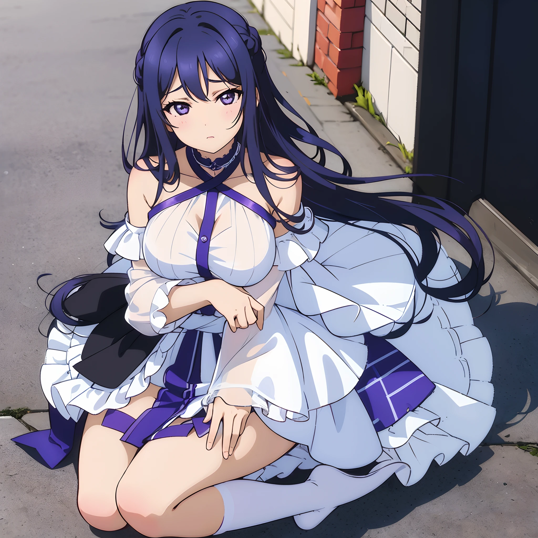 (1 girl, solo, azure hair with violet fringes, loose long hair, white kneehighs, very large breasts, exposed butt, sweetheart neck, oversized blouse), see-through clothes, blush,(kneeling on the pavement, back facing the viewer, shoulder look)