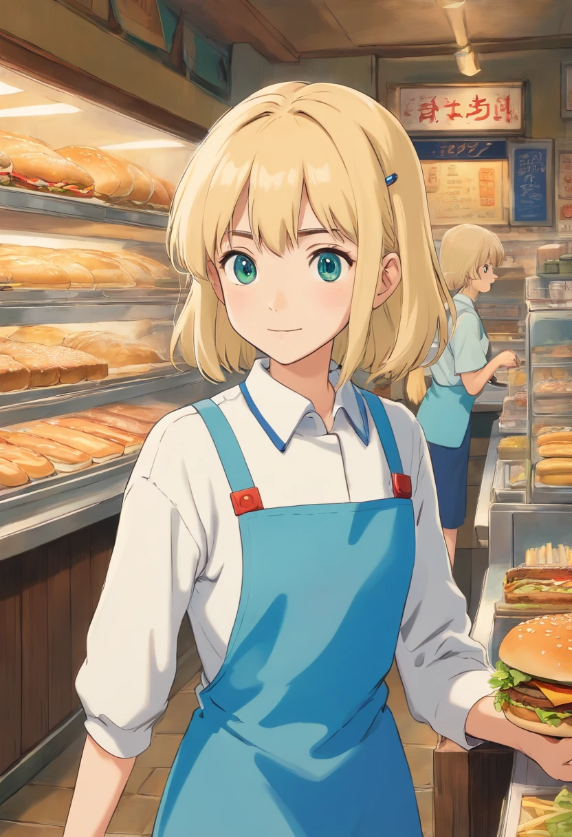 Americana bule Blonde long Hamburger shop clerk