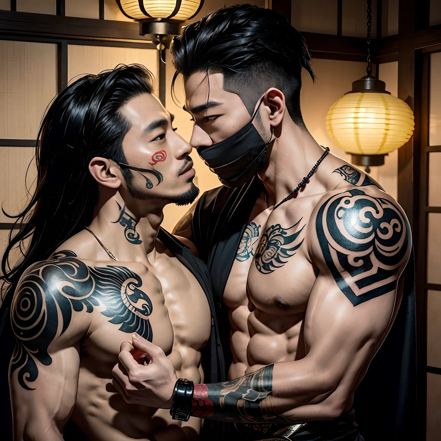 Two oriental men, Boyfriend, In the fun, roleplaying, One plays a sexy bandit,male people, A mask(Raised sexy), Kiss, Oriental lanterns, body defined, Beautiful, Oriental, Realistic, Cinematic, High quality, 16k, Best quality, High details, Super detail, Tattoos,