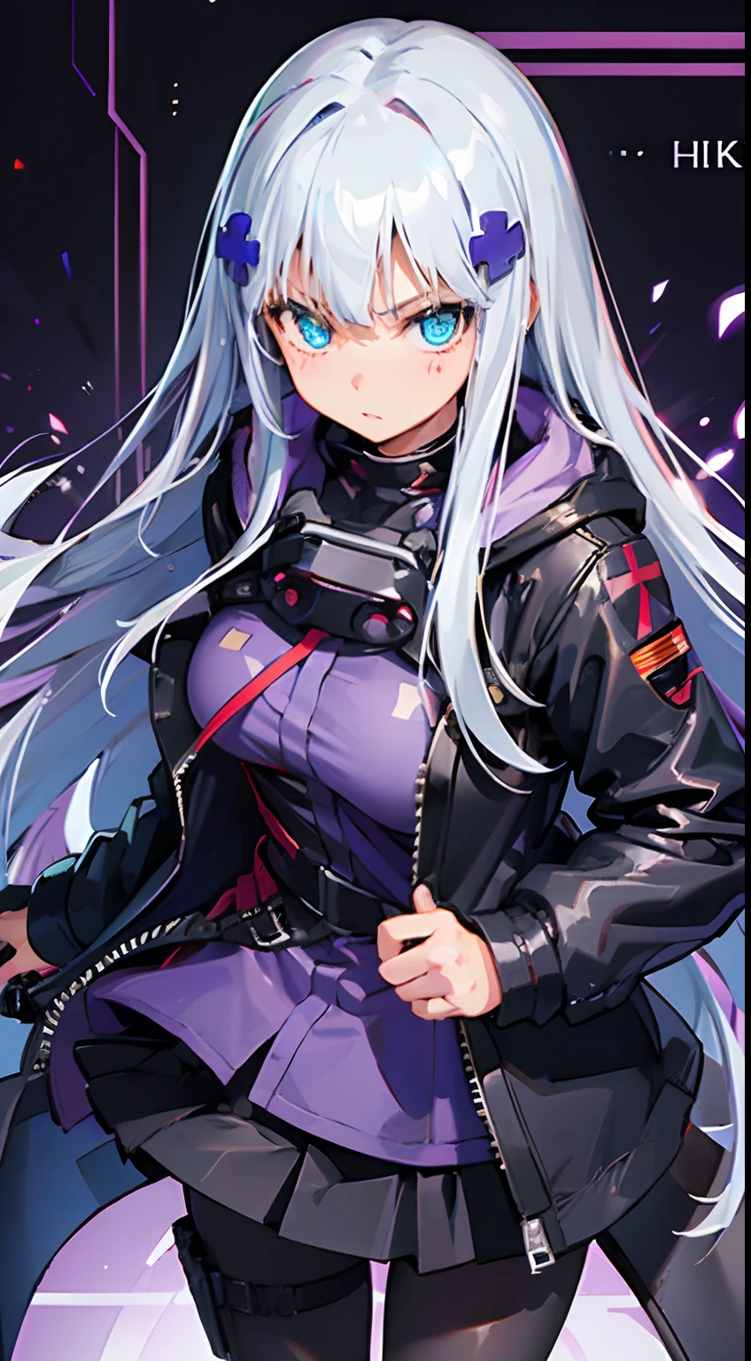 (((Best quality))), 1girl, Long hair, white hair, blue eyes, purple hoodie, detailed background, looking at viewer, black jacket, tall, medium breasts, HK416Clukay, black skirt, pantyhose, standing,