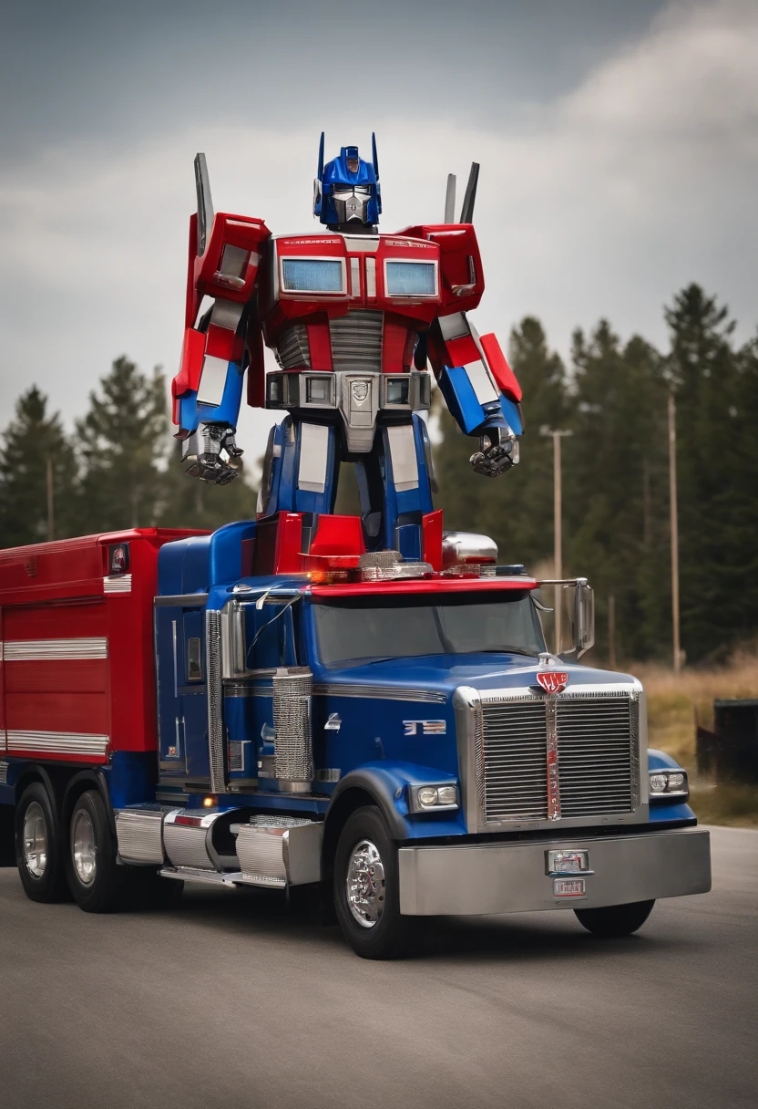 Portrait of the real Optimus prime as an airport fire truck-z8-Albert 8x8, like his 2007 animated counterpart with blue head, blue hands, light blue energon eyes and blue legs , and autobot logos on his shoulders, along with his red and grey axe that has a blue energon blade