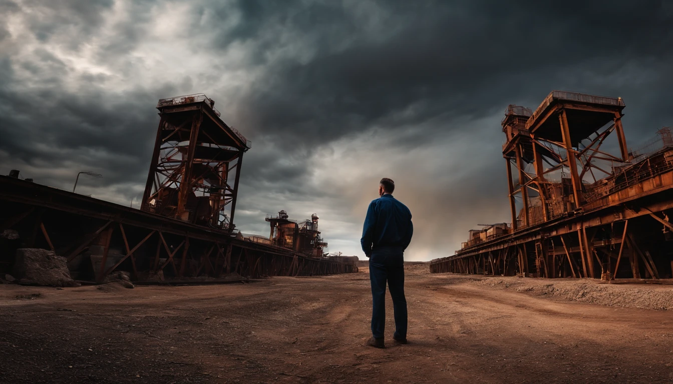 a man standing in the centre of an unused mining area, low angle,  interesting sky