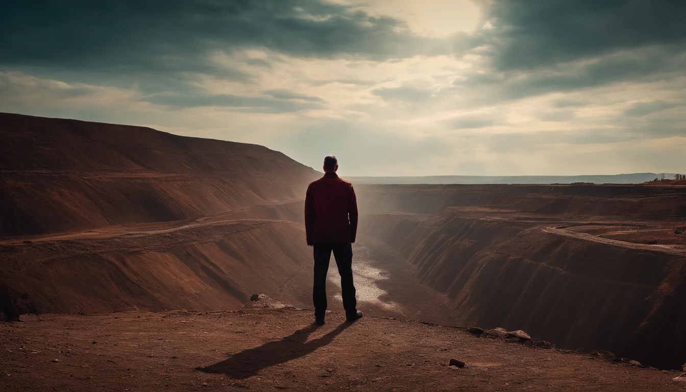 a man standing in the centre of an unused mining area, low angle, interesting sky