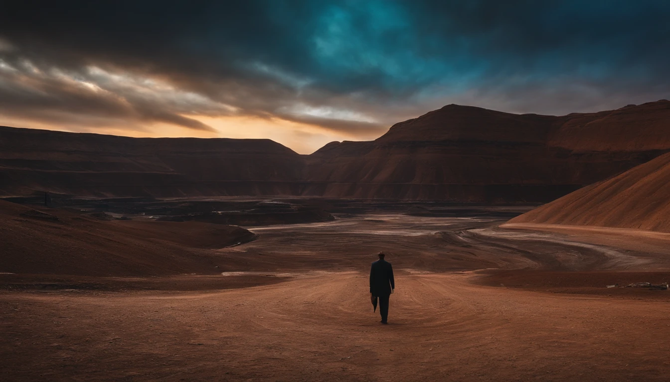a man standing in the centre of an unused mining area, low angle, interesting sky