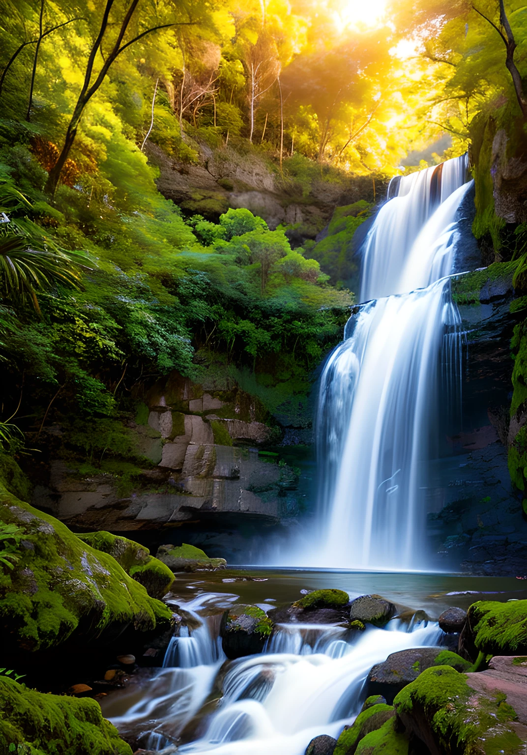 Craft a photograph that unveils the awe-inspiring sight of a waterfall, surrounded by dense and vibrant vegetation, a testament to the majesty and vitality of the natural world, Awe-Inspiring, Dense, Waterfall, Vitality, Natural. Camera: Smartphone, Lens: Standard, Time: Sunset, Style: Nature, Film: Digital