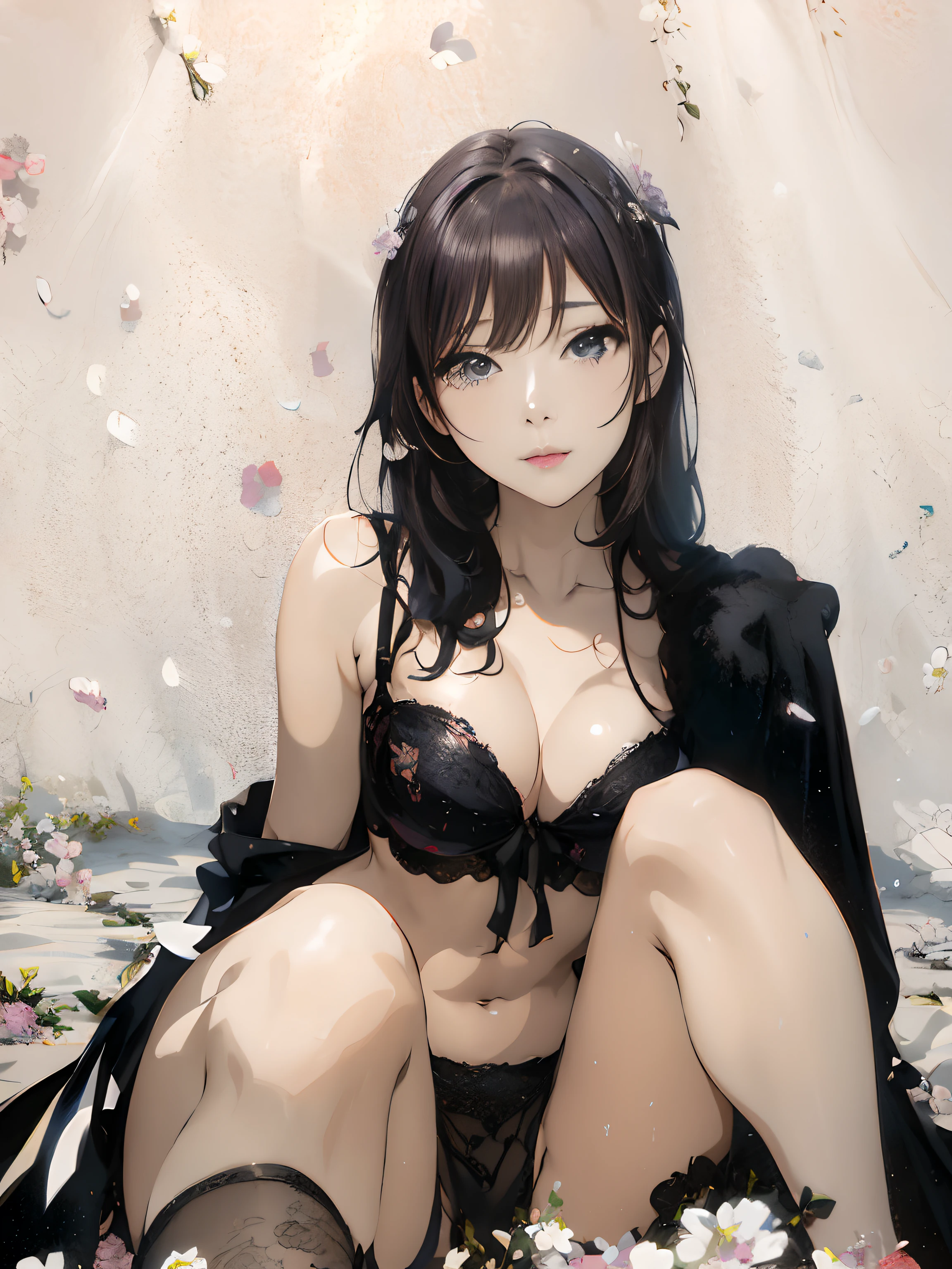 Anime girl in black lingerie sitting on the ground with flowers, Seductive Anime Girl, beautiful alluring anime woman, guweiz, beautiful anime woman, Beautiful anime girl, charming anime girls, Beautiful anime, beautiful anime artwork, guweiz masterpiece, beautiful alluring anime teen, artwork in the style of guweiz, guweiz on artstation pixiv