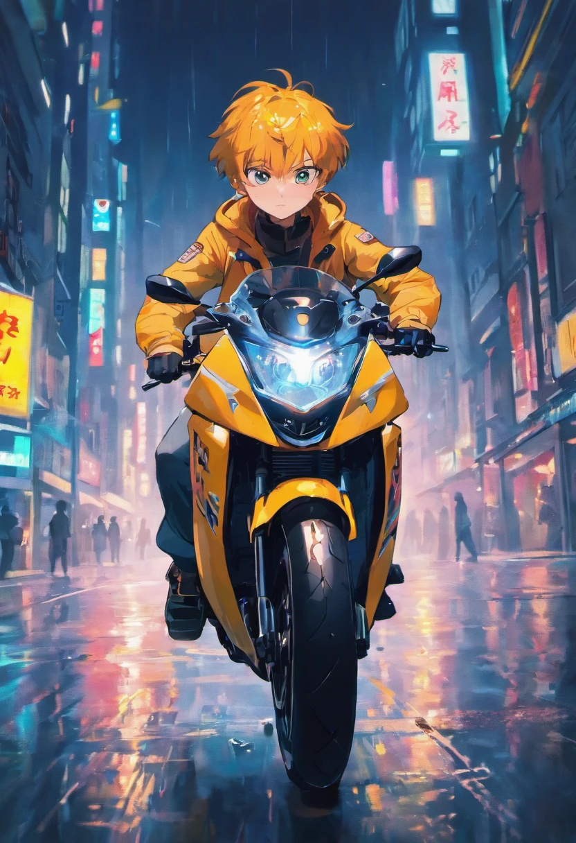 (best quality,highres,masterpiece:1.2),ultra-detailed,realistic:1.37,a man in a jacket riding a motorcycle,manga style,rainy night,left side of the road,without helmet,slick road surface,motion blur,city street lights,neon reflections,glistening wet asphalt