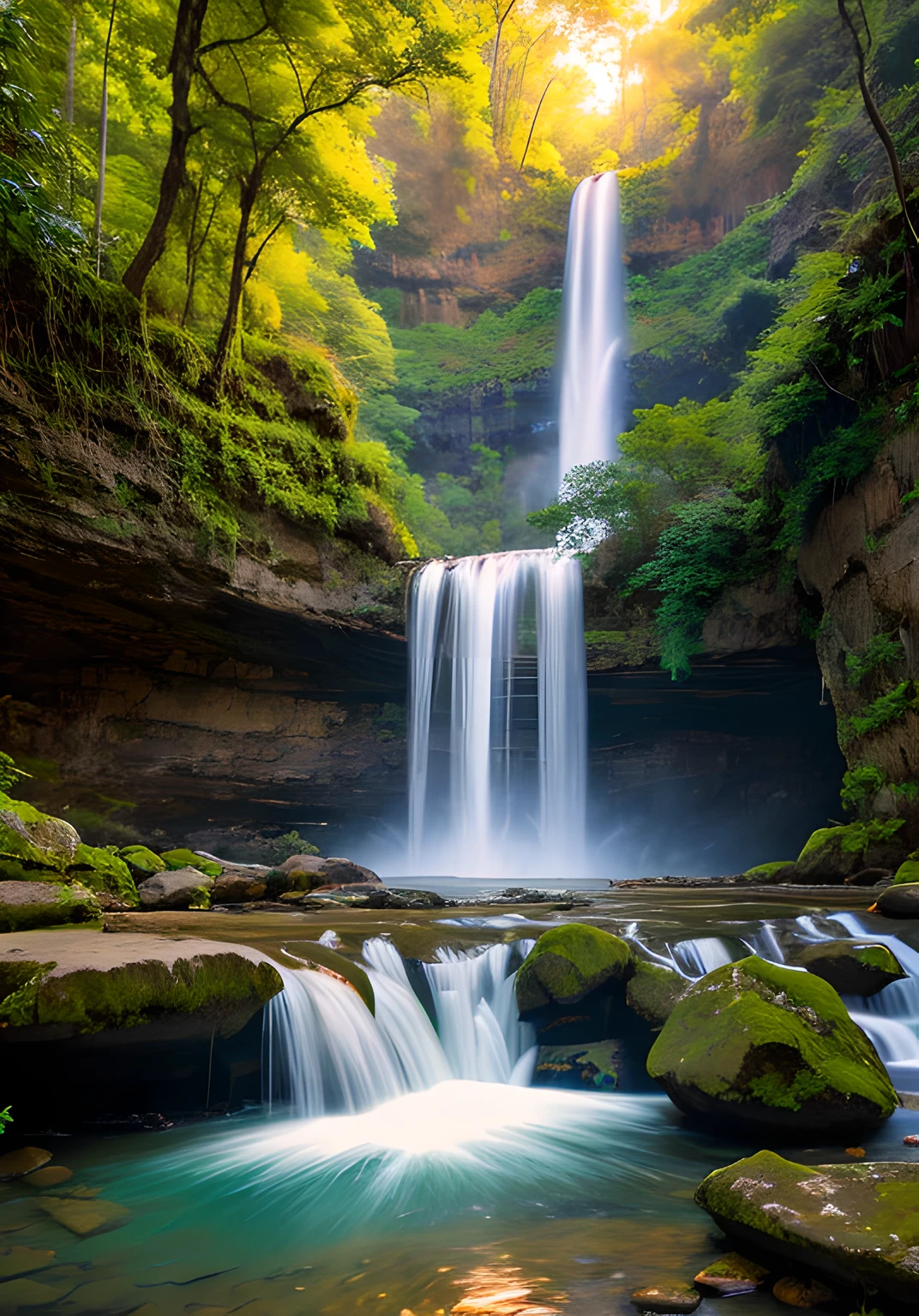 Craft a photograph that unveils the awe-inspiring sight of a waterfall, surrounded by dense and vibrant vegetation, a testament to the majesty and vitality of the natural world, Awe-Inspiring, Dense, Waterfall, Vitality, Natural. Camera: Smartphone, Lens: Standard, Time: Sunset, Style: Nature, Film: Digital