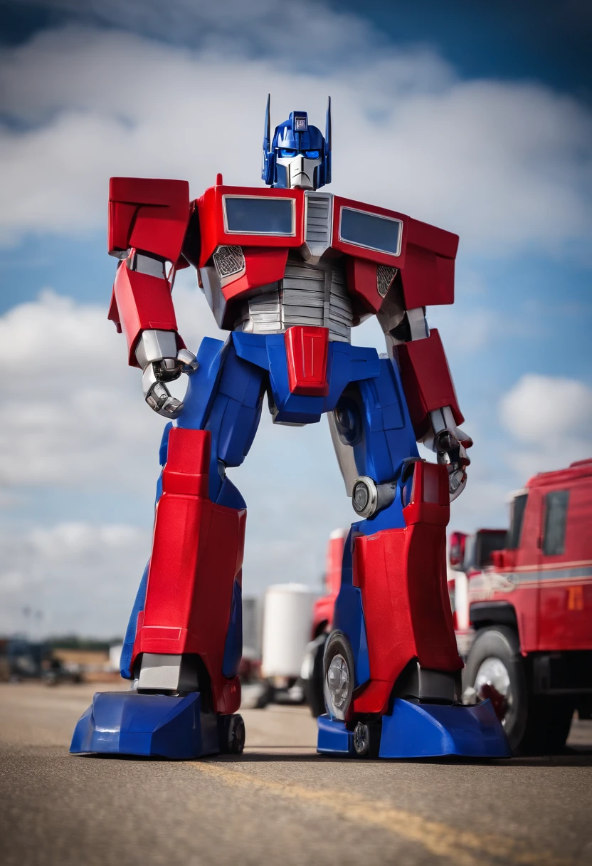Portrait of the real Optimus prime as an airport fire truck-z8-Albert 8x8, like his 2007 animated counterpart with blue head, blue hands, light blue energon eyes and blue legs , and autobot logos on his shoulders, along with him holding his red and grey axe that has a blue energon blade