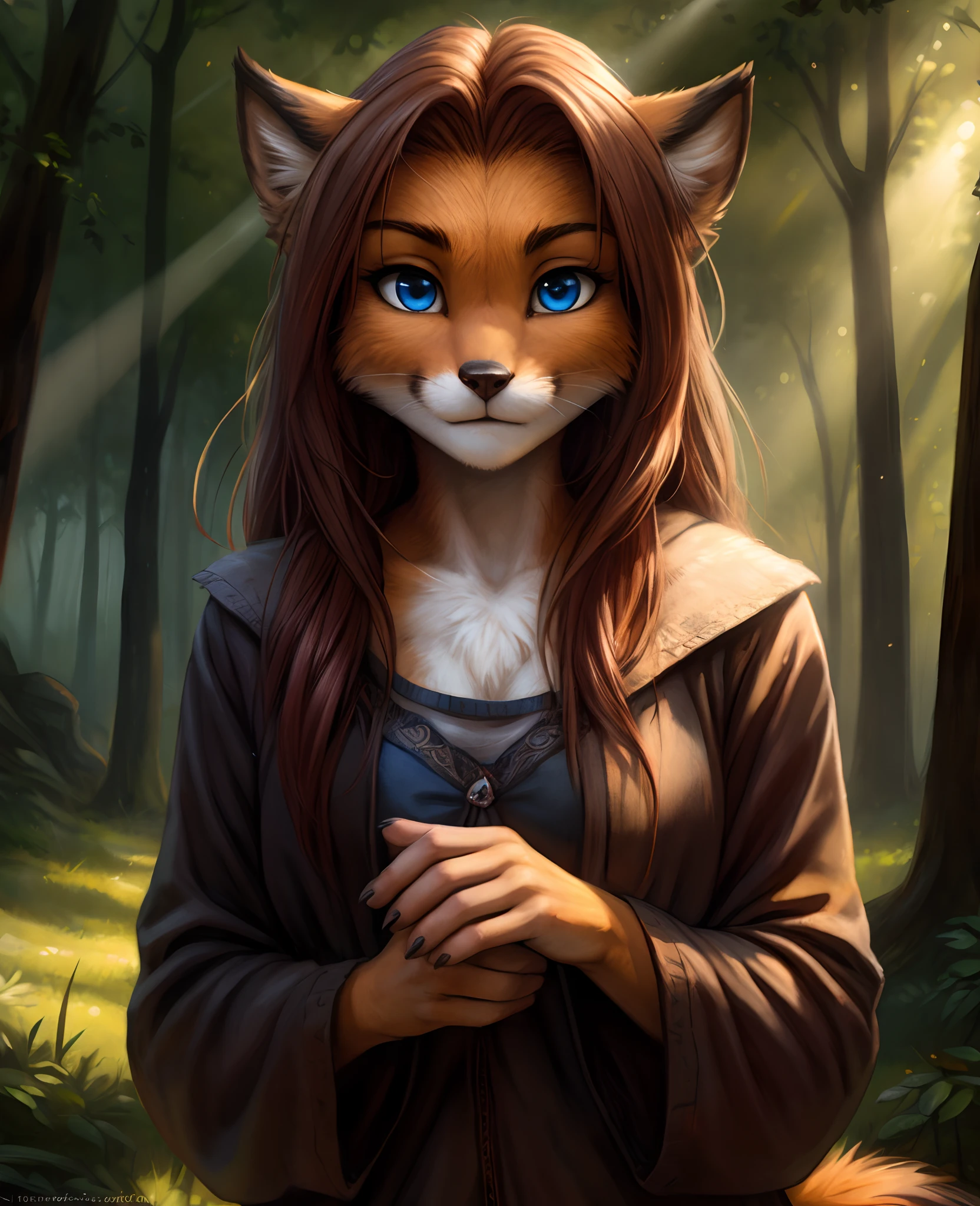 by kenket, by totesfleisch8, (by thebigslick, by silverfox5213:0.8), (by syuro:0.2),,, Laura, Keidran, twokinds, by tom_fischbach,, (best quality, masterpiece:1), solo, furry female anthro, blue eyes, long hair, reddish brown hair, portrait, fingers, finger claws, looking at viewer, fox tail, (outdoors dark forest trees blurry blurred background:1.1),,, BREAK, (cinematic lighting), ((detailed background)), ((depth of field)), (half body shadow), ((sunlight)), BREAK, ((intricate, high detail, film photography, sharp focus, RAW candid cinema, realistic, photorealistic, analog style, subsurface scattering, masterpiece, best quality, ultra realistic, 8k))