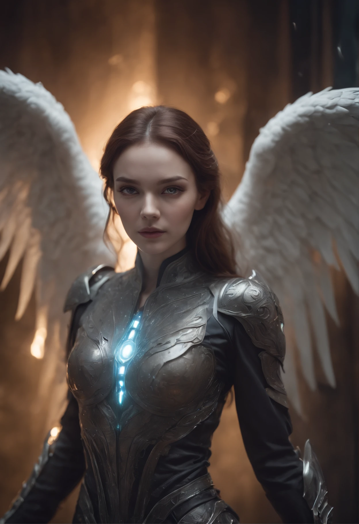 Cosmic Fallen Angel, glowing light eyes, Biomechanical, eerie, Creepy, nightmarish, Very bright colors, Light particles, with light glowing, Mshiff, wallpaper art, UHD wallpaper
