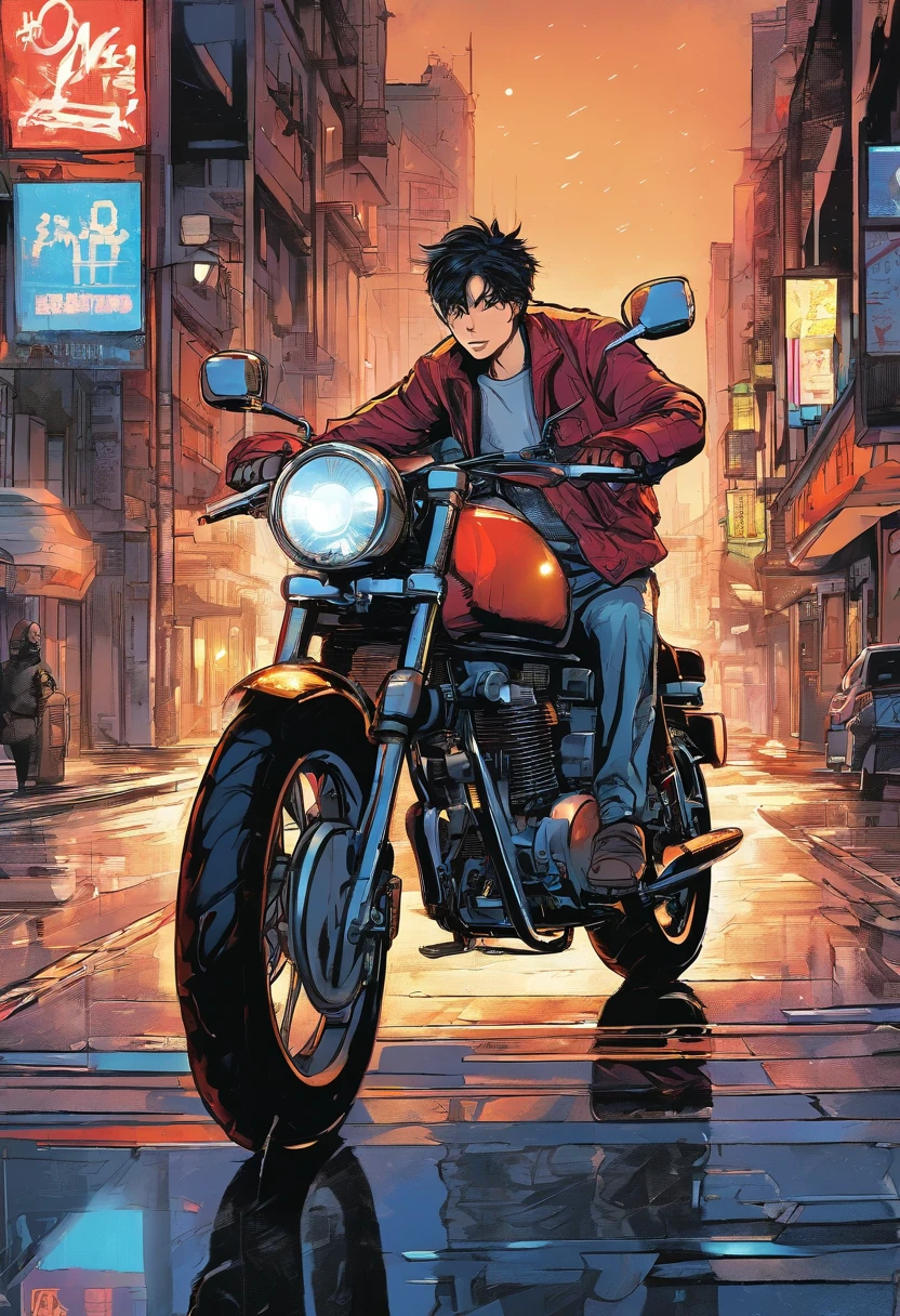 (best quality,highres,masterpiece:1.2),ultra-detailed,realistic:1.37,a man in a jacket riding a motorcycle,manga style,rainy night,left side of the road,without helmet,slick road surface,motion blur,city street lights,neon reflections,glistening wet asphalt