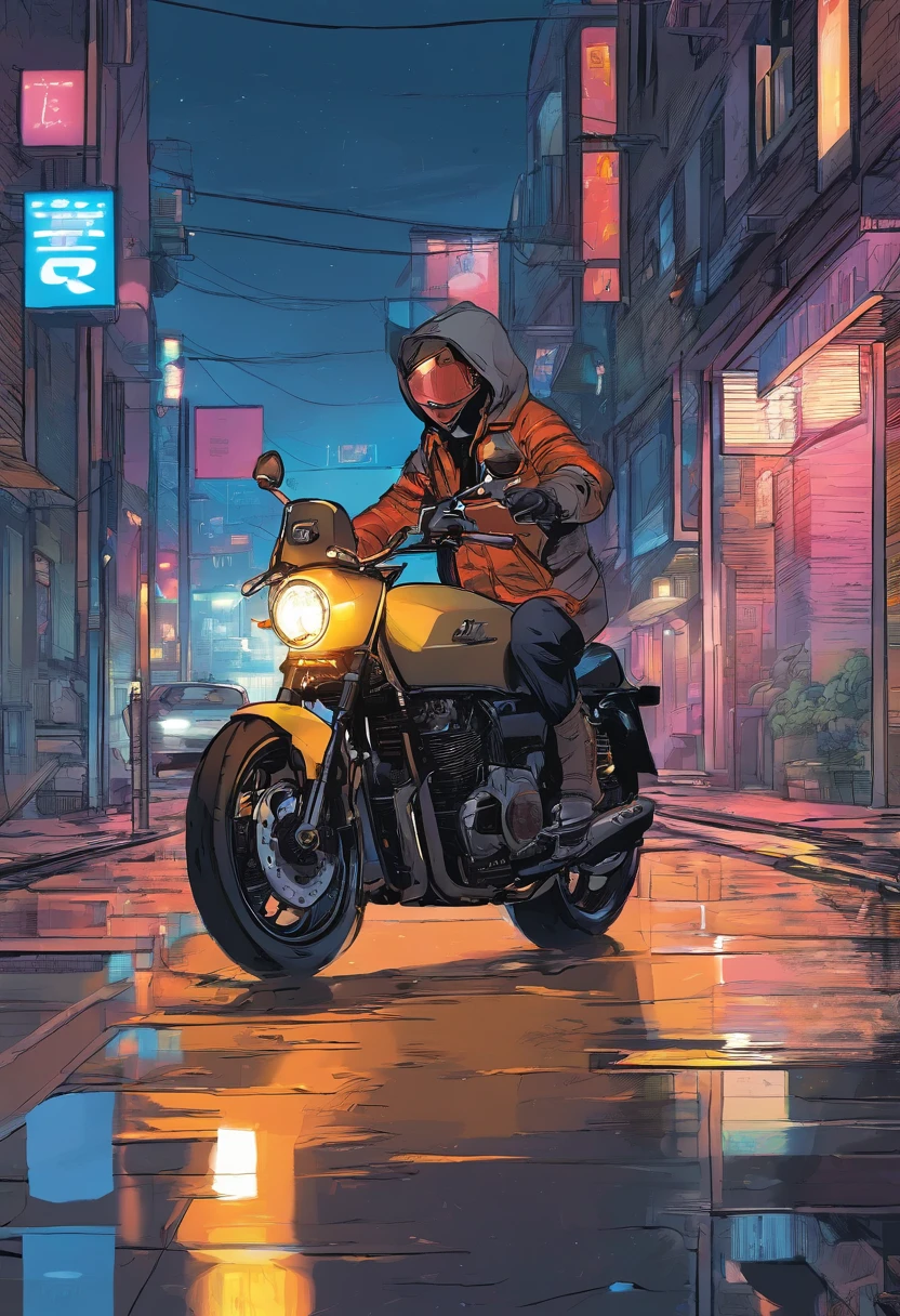 (best quality,highres,masterpiece:1.2),ultra-detailed,realistic:1.37,a man in a jacket riding a motorcycle,manga style,rainy night,left side of the road,without helmet,slick road surface,motion blur,city street lights,neon reflections,glistening wet asphalt