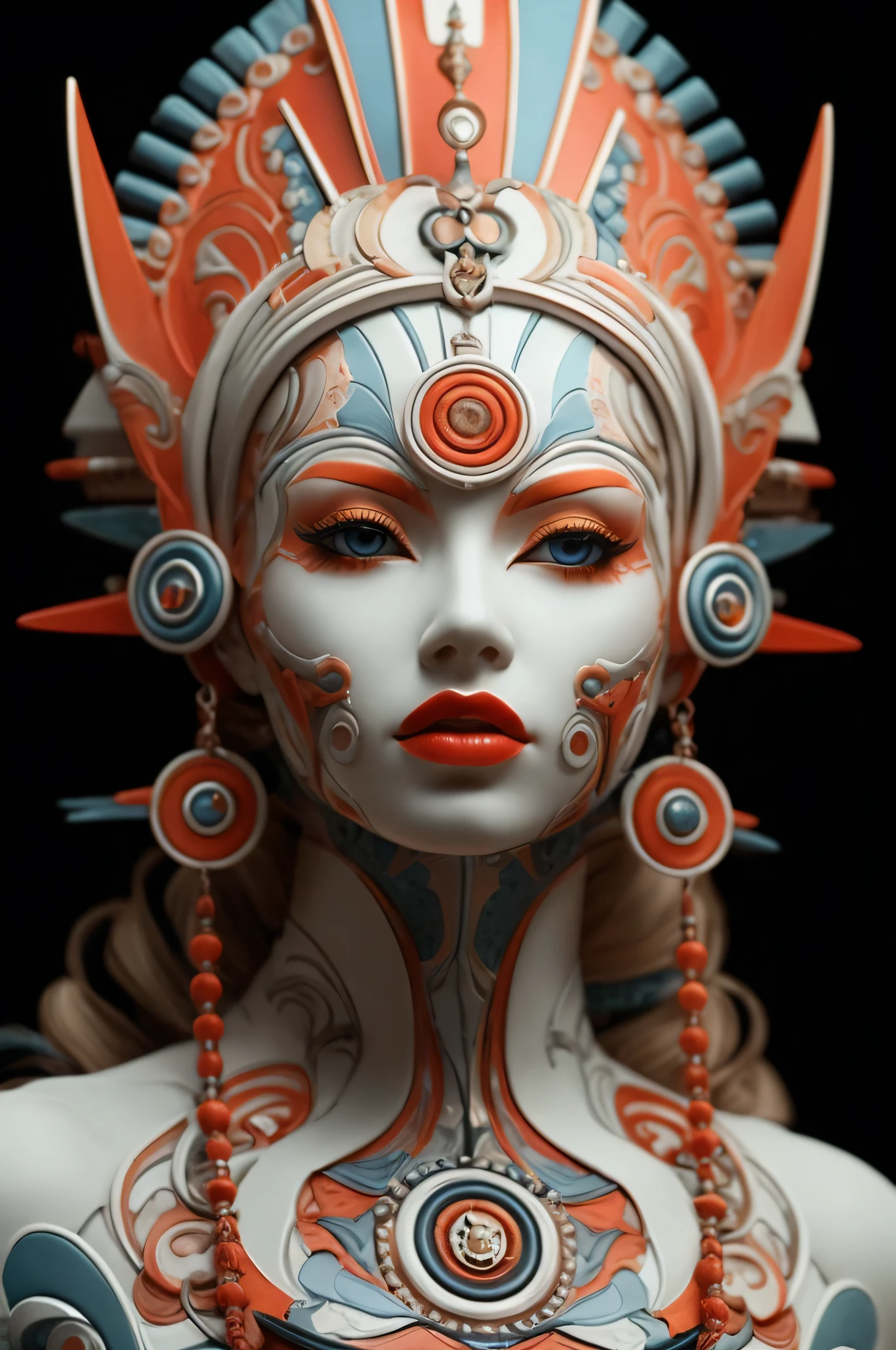 Un primer plano de una estatua de una mujer con un tocado, Cyborg de porcelana, Retrato de una reina cyborg, Ceramic cyborg, Hermosa sacerdotisa cyborg, diosa. Detalle extremadamente alto, hyperdetailed fantasy character, Retrato Hermosa Sci - FI Girl, Ganador del concurso Zbrush Central, @ ZBrush, 3 D Retrato de la Diosa, Ganador del concurso Zbrush, Arte Zbrush