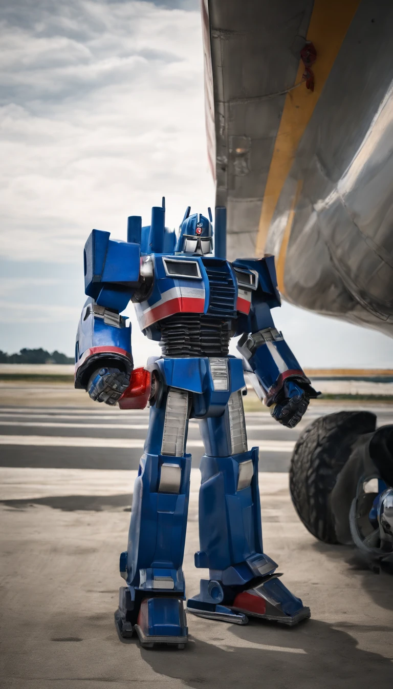 Portrait of the real Optimus prime as an airport fire truck-z8-Albert 8x8, like his 2007 animated counterpart with blue head, blue hands, light blue energon eyes and blue legs , and autobot logos on his shoulders, along with him holding his red and grey axe that has a blue energon blade