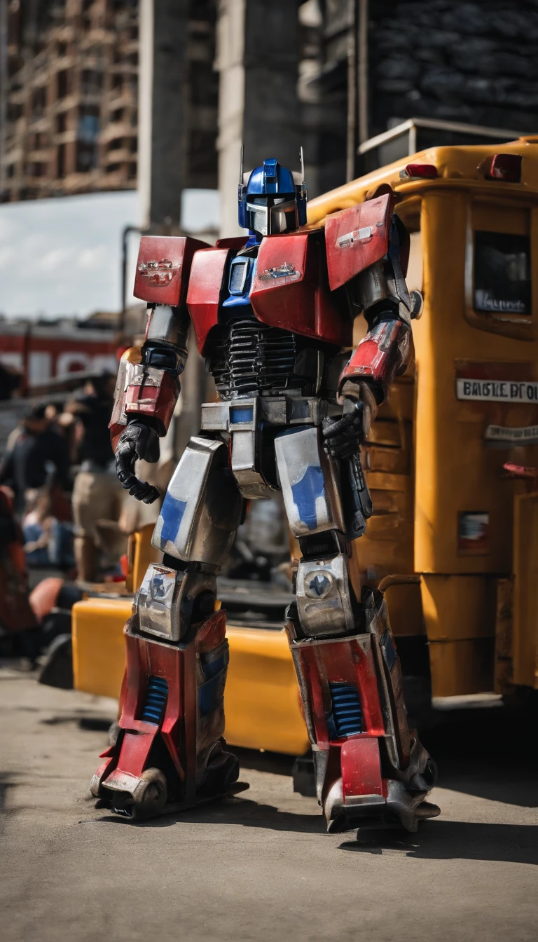Portrait of the real Optimus prime as an airport fire truck-z8-Albert 8x8, like his 2007 animated counterpart with blue head, blue hands, light blue energon eyes and blue legs , and autobot logos on his shoulders, along with him holding his red and grey axe that has a blue energon blade