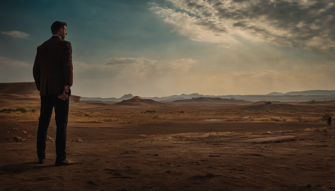 a man standing in the centre of an unused area, all the land in the area is digged deeply making it shallow, low angle,  interesting sky