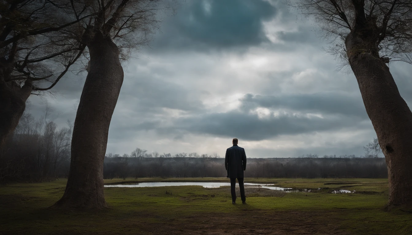 a man standing in the centre of an unused area, all the land in the area is digged deeply making it shallow, low angle,  interesting sky