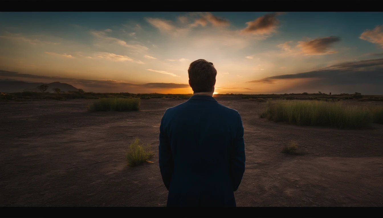 a man standing in the centre of an unused area, all the land in the area is digged deeply making it shallow, low angle, interesting sky