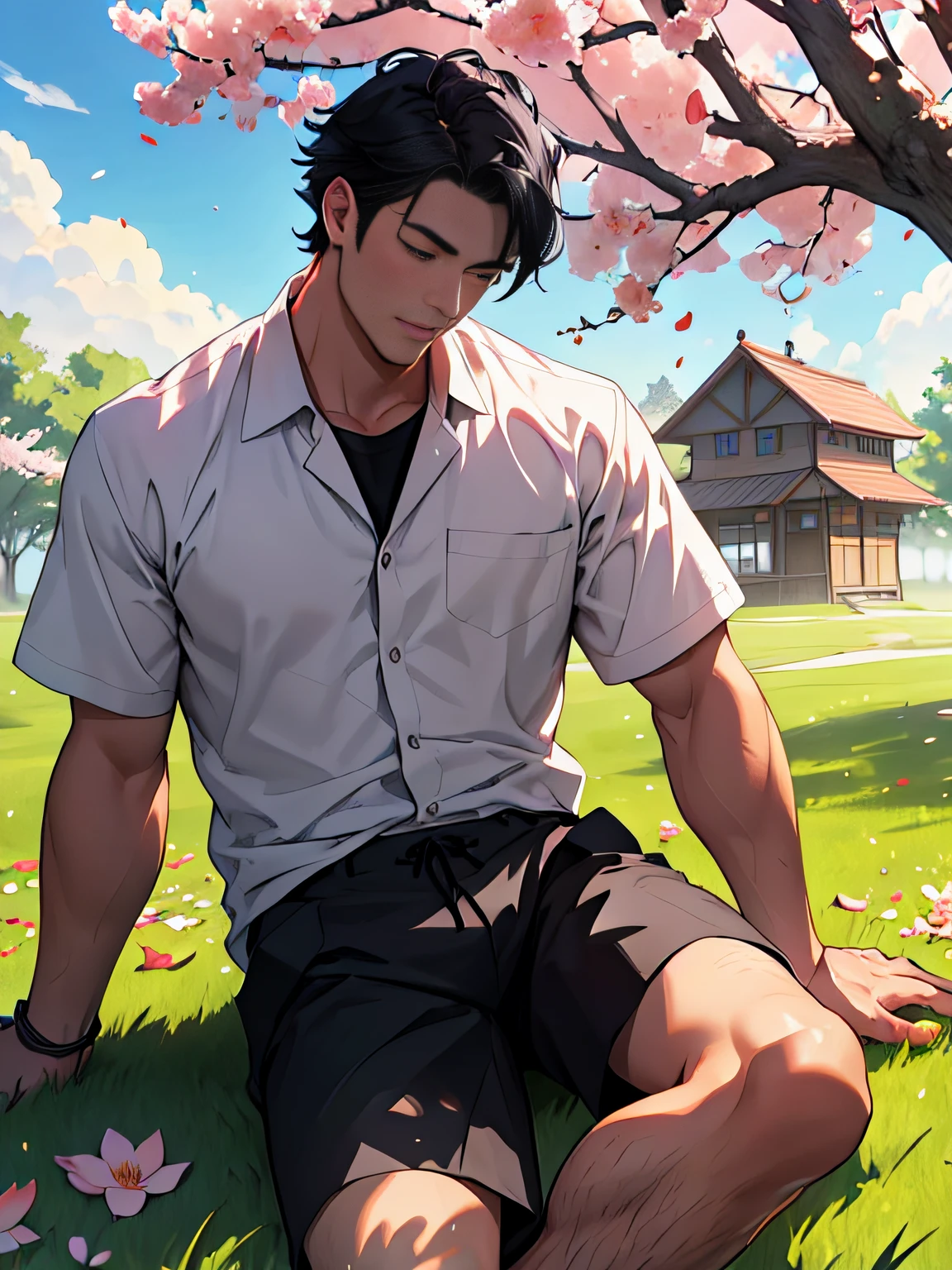 Best quality, high resolution,1人, male people,(shoun),white short sleeve,Black shorts, Black hair, short detailed hair, Handsome,Lying on the grass, (Red lines), Leaning against a peach tree, (Peach petals:1.4), Clouds,Glowing flowers,Grass, warm, Spring, warm, Bright fog, outside,parks,modernn architecture,Drowsy man
