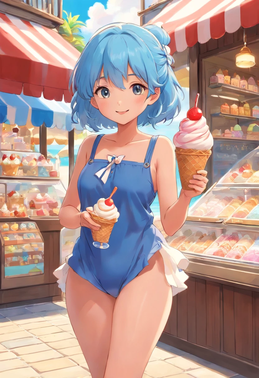 Ice cream store clerk the beach uniformss 年轻 Naughty Poses cute little tits out friendly