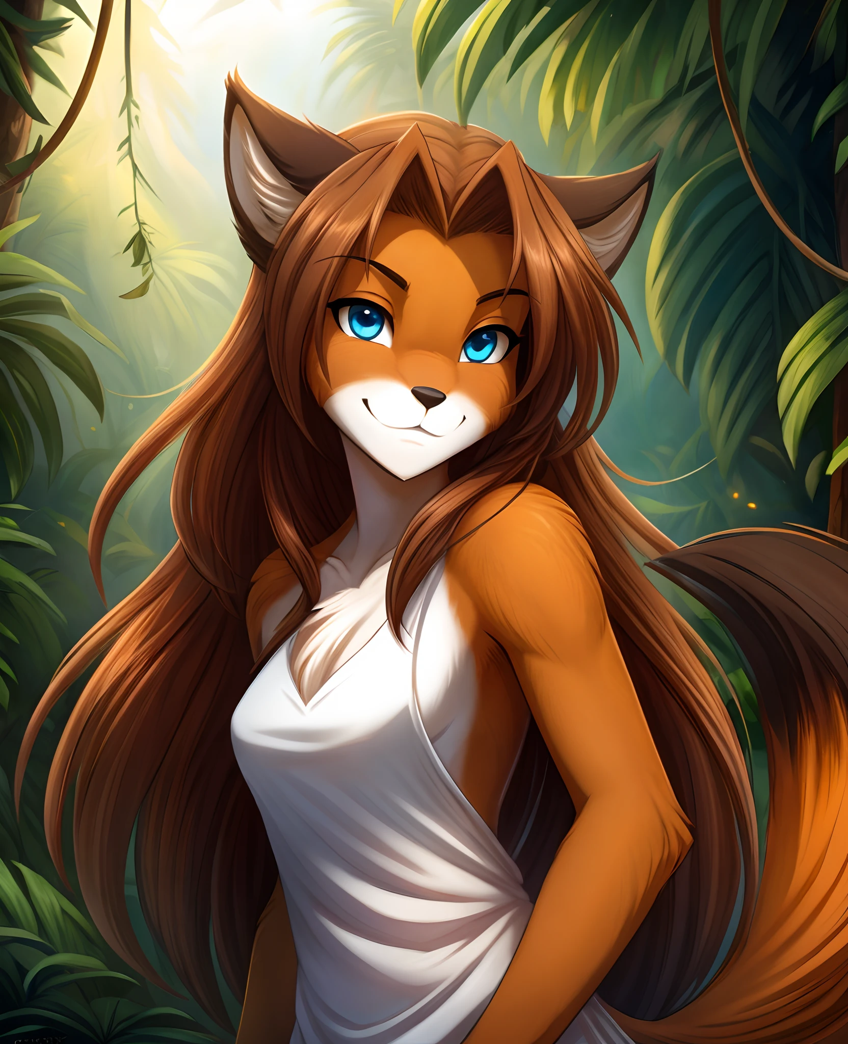 Laura, Keidran, twokinds, by tom_fischbach,, (best quality, masterpiece:1), solo, furry female anthro, blue eyes, long hair, reddish brown hair, portrait, fingers, finger claws, looking at viewer, fox tail,,, absurdres, highres, 1girl, furry, brown hair, cowboy shot, detailed face and eyes, standing, from below, tail, smug, jungle,