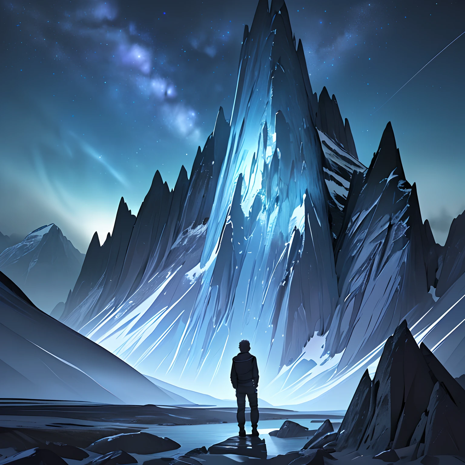 Masterpiece, high quality, best quality, HD, realistic, perfect lighting, detailed body, 1 boy, night sky, dark theme, mountain