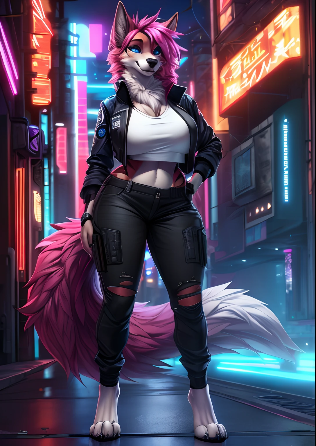 uploaded on e621, (by Wildering, by fluff-kevlar, by aycee), solo, neck tuft, hip tuft, leg tuft, big tail, fluffy tail, blue eyes)), (((fur colors of black and white))), (full body portrait), (masterpiece), (best quality), (anthro furry:1.3, snout:1.2, anthro:1.3, furry:1.2, solo female:1.2), (thick figure, curvy figure), (wide hips), (extremely thick thighs), (huge breasts, perky breasts), sexy pose, suggestive pose), (((canine))) BREAK (((sexy cyberpunk outfit, cropped unzipped jacket with small top, cropped tactical pants that are torn and patched, digitigrade feet))), (Long pink hair), (cyberpunk city background at night, depth of field, neon lights, ambient light on the body), (intricate:0.7), (high detail:1.3), (unreal engine:1.3), (sharp focus:1.15), [explicit content, questionable content], (masterpiece, best quality, 4k, 2k, shaded, absurd res)