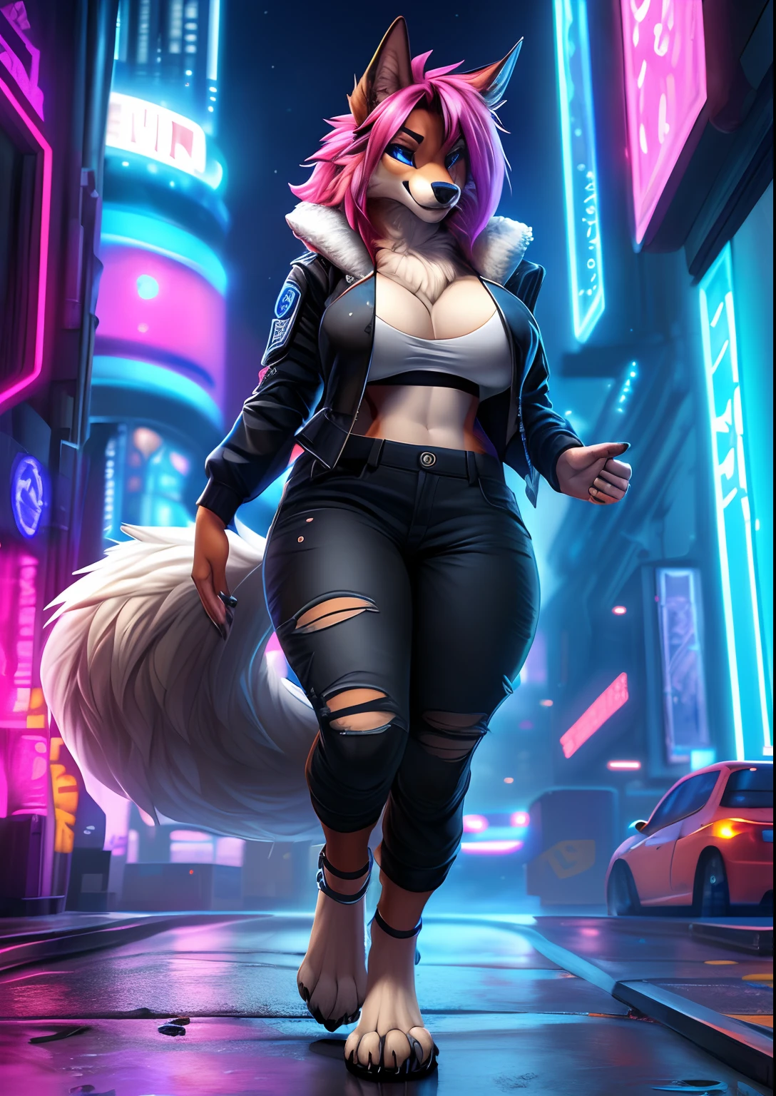 uploaded on e621, (by Wildering, by fluff-kevlar, by aycee), solo, neck tuft, hip tuft, leg tuft, big tail, fluffy tail, blue eyes)), (((fur colors of black and white))), (full body portrait), (masterpiece), (best quality), (anthro furry:1.3, snout:1.2, anthro:1.3, furry:1.2, solo female:1.2), (thick figure, curvy figure), (wide hips), (extremely thick thighs), (huge breasts, perky breasts), sexy pose, suggestive pose), (((canine))) BREAK (((sexy cyberpunk outfit, cropped unzipped jacket with small top, cropped tactical pants that are torn and patched, digitigrade feet))), (Long pink hair), (cyberpunk city background at night, depth of field, neon lights, ambient light on the body), (intricate:0.7), (high detail:1.3), (unreal engine:1.3), (sharp focus:1.15), [explicit content, questionable content], (masterpiece, best quality, 4k, 2k, shaded, absurd res)