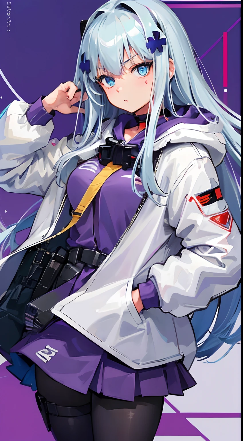 (((Best quality))), 1girl, Long hair, white hair, blue eyes, purple hoodie, detailed background, looking at viewer, white jacket, tall, medium breasts, HK416Clukay, black skirt, pantyhose, standing,