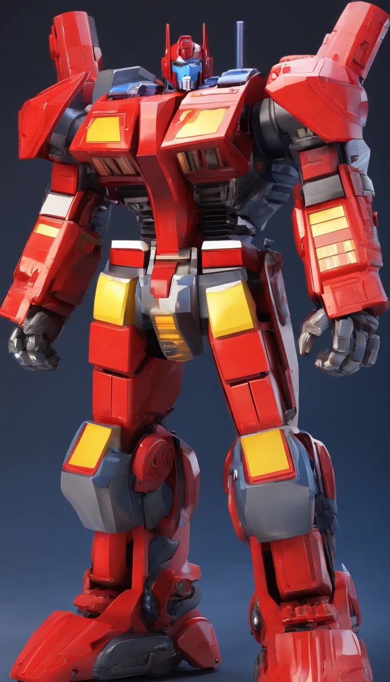 the real Optimus prime as an airport fire truck-z8-Albert 8x8, like his 2007 animated counterpart with blue head, blue hands, light blue energon eyes and blue legs , and autobot logos on his shoulders, along with him holding his red and grey axe that has a blue energon blade, robot mode with a vehicle next to him that is also an airport fire truck-z8-Albert 8x8