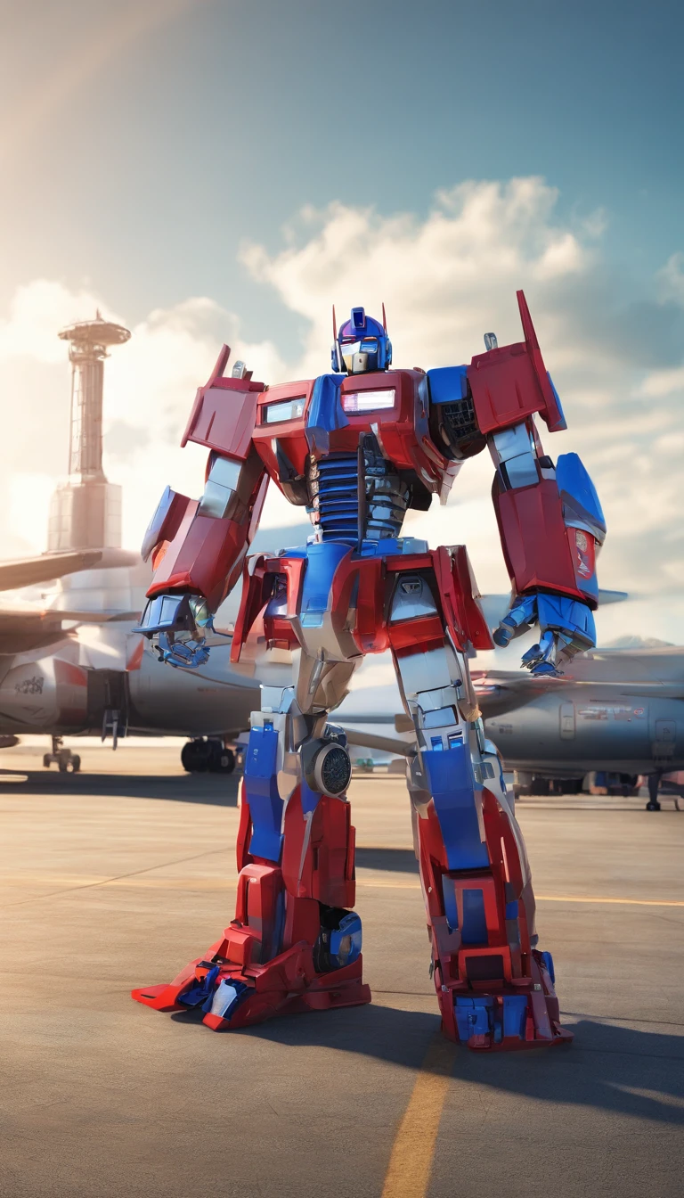 the real Optimus prime as an airport fire truck-z8-Albert 8x8, like his 2007 animated counterpart with blue head, blue hands, light blue energon eyes and blue legs , and autobot logos on his shoulders, along with him holding his red and grey axe that has a blue energon blade, robot mode with a vehicle next to him that is also an airport fire truck-z8-Albert 8x8