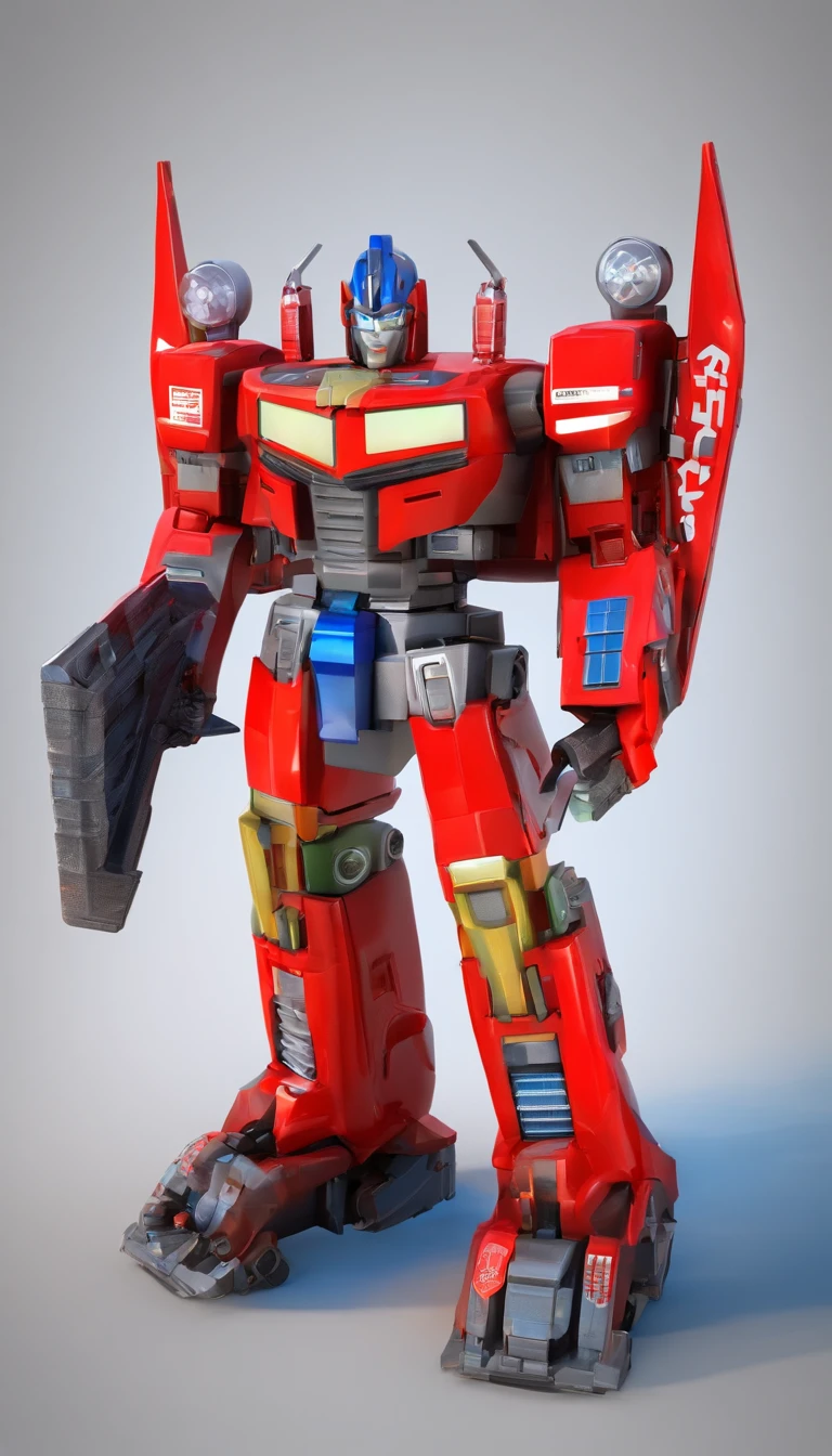 the real Optimus prime as an airport fire truck-z8-Albert 8x8, like his 2007 animated counterpart with blue head, blue hands, light blue energon eyes and blue legs , and autobot logos on his shoulders, along with him holding his red and grey axe that has a blue energon blade, robot mode with a vehicle next to him that is also an airport fire truck-z8-Albert 8x8