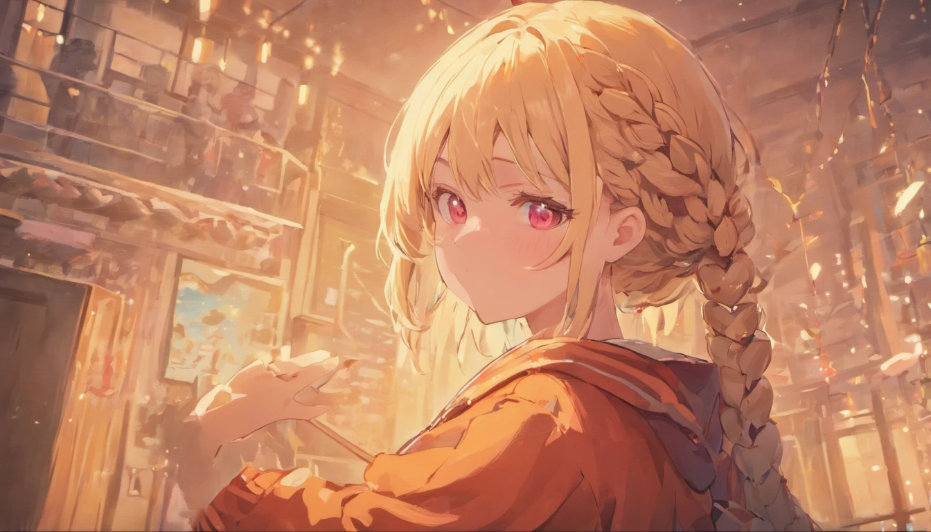 (((anime))), ((animated)), (GAL), medium hair, (braid hair:1.3), (blunt bangs:1.2),two-tone hair, blonde hair, (pink hair), round face, red eyes, (drooping eyes), (((tareme))),Pink Lip,piercing,necklace,[black skin], light smile, ((((cute)))), beautiful, 1 girl, solo, (cardigan:1.4), [cleavage cutout],peace sign,beautiful background,(classroom:1.5),evening,sunlight,backlighting,masterpiece,best quality,exquisite,8k,absurdres,super fine illustration,(looking at viewer)