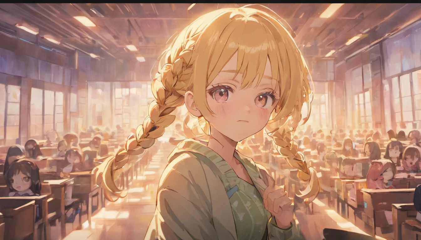 (((anime))), ((animated)), (GAL), medium hair, (braid hair:1.3), (blunt bangs:1.2),two-tone hair, blonde hair, (pink hair), round face, red eyes, (drooping eyes), (((tareme))),Pink Lip,piercing,necklace,[black skin], light smile, ((((cute)))), beautiful, 1 girl, solo, (cardigan:1.4), [cleavage cutout],peace sign,beautiful background,(classroom:1.5),evening,sunlight,backlighting,masterpiece,best quality,exquisite,8k,absurdres,super fine illustration,(looking at viewer)