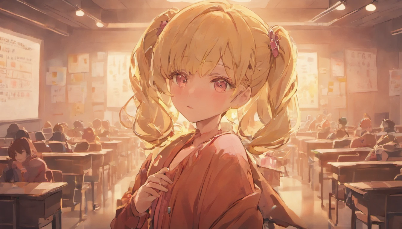 (((anime))), ((animated)), (GAL), medium hair, (braid hair:1.3), (blunt bangs:1.2),two-tone hair, blonde hair, (pink hair), round face, red eyes, (drooping eyes), (((tareme))),Pink Lip,piercing,necklace,[black skin], light smile, ((((cute)))), beautiful, 1 girl, solo, (cardigan:1.4), [cleavage cutout],peace sign,beautiful background,(classroom:1.5),evening,sunlight,backlighting,masterpiece,best quality,exquisite,8k,absurdres,super fine illustration,(looking at viewer)