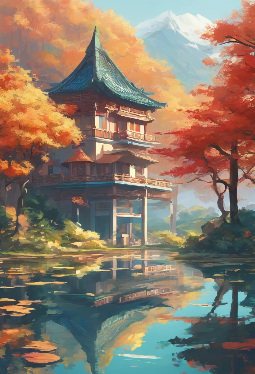 Trees reflected in the lake,The background is the house, author:Xia Yong, author:Cheng Jiasui, author:Yu Zheding, author:Wang Duo, Amazing composition, author:Shang Xi, author:Dai Xi, author:Shi Rui, Perfect composition Artem Demura, amazing simple composition, beautiful reflexions, author:Ji Sheng