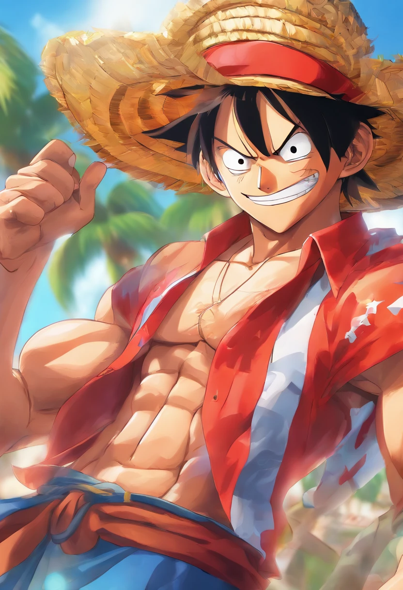 A scene with Monkey Luffy from One Piece, (best quality, ultra-detailed), wearing his straw hat, carrying his signature rubbery arms (rubber arms), with his scar under his eye (detailed scar). The scene is set on a sunny beach (sunny beach background), with clear blue skies (vivid blue sky) and palm trees swaying in the wind. Luffy is standing in a dynamic pose, showing off his confident and determined expression (confident expression, determined look). The sunlight illuminates his face, emphasizing his charismatic features (sunlit face, glowing complexion). The vibrant colors of Luffy's iconic straw hat (vibrant red straw hat) and his clothes (brightly colored outfit) add a lively touch to the overall composition. The attention to detail captures the essence of the One Piece anime style (anime-style artwork).