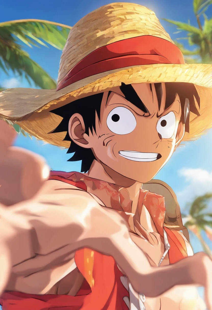 A scene with Monkey Luffy from One Piece, (best quality, ultra-detailed), wearing his straw hat, carrying his signature rubbery arms (rubber arms), with his scar under his eye (detailed scar). The scene is set on a sunny beach (sunny beach background), with clear blue skies (vivid blue sky) and palm trees swaying in the wind. Luffy is standing in a dynamic pose, showing off his confident and determined expression (confident expression, determined look). The sunlight illuminates his face, emphasizing his charismatic features (sunlit face, glowing complexion). The vibrant colors of Luffy's iconic straw hat (vibrant red straw hat) and his clothes (brightly colored outfit) add a lively touch to the overall composition. The attention to detail captures the essence of the One Piece anime style (anime-style artwork).