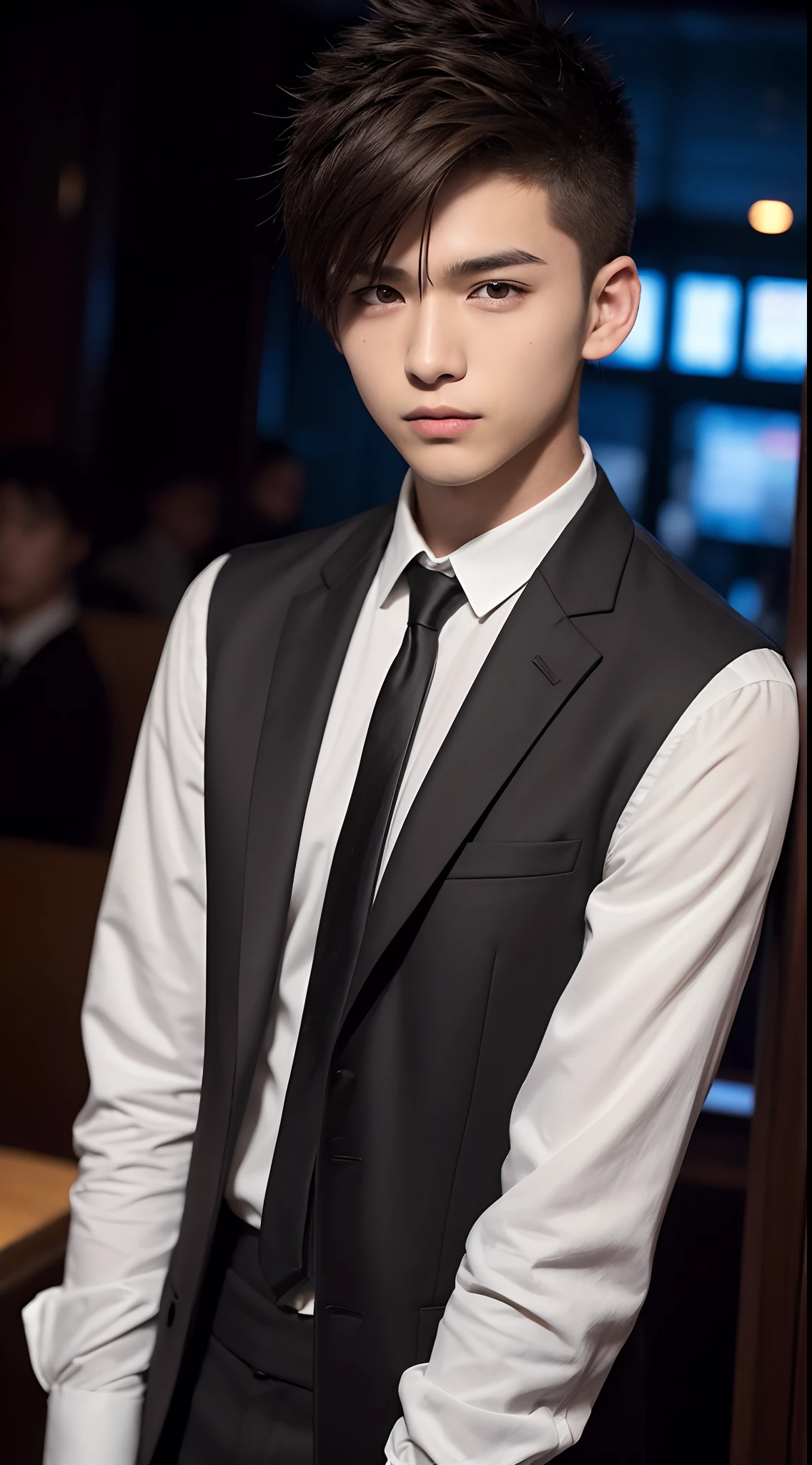 4K、top-quality、masutepiece、Brown hair、｟spiked hair｠、（17-year-old male living in Japan）、Work in a Host Club,Black Suit、Looking at the camera