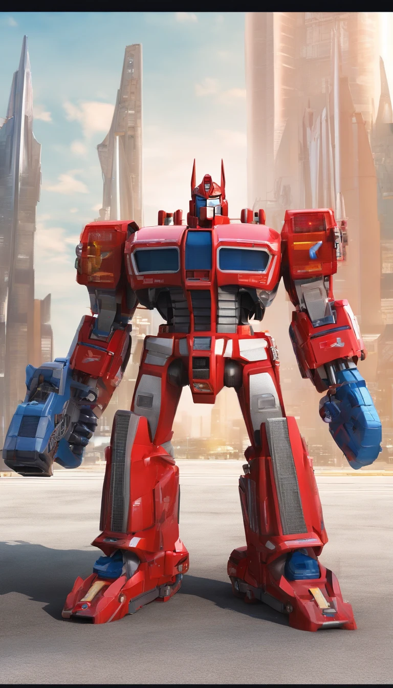 the real Optimus prime as an airport fire truck-z8-Albert 8x8, like his 2007 animated counterpart with blue head, blue hands, light blue energon eyes and blue legs , and autobot logos on his shoulders, along with him holding his red and grey axe that has a blue energon blade, robot mode with a vehicle next to him that is also an airport fire truck-z8-Albert 8x8, he should have some black accents on his arms and chest