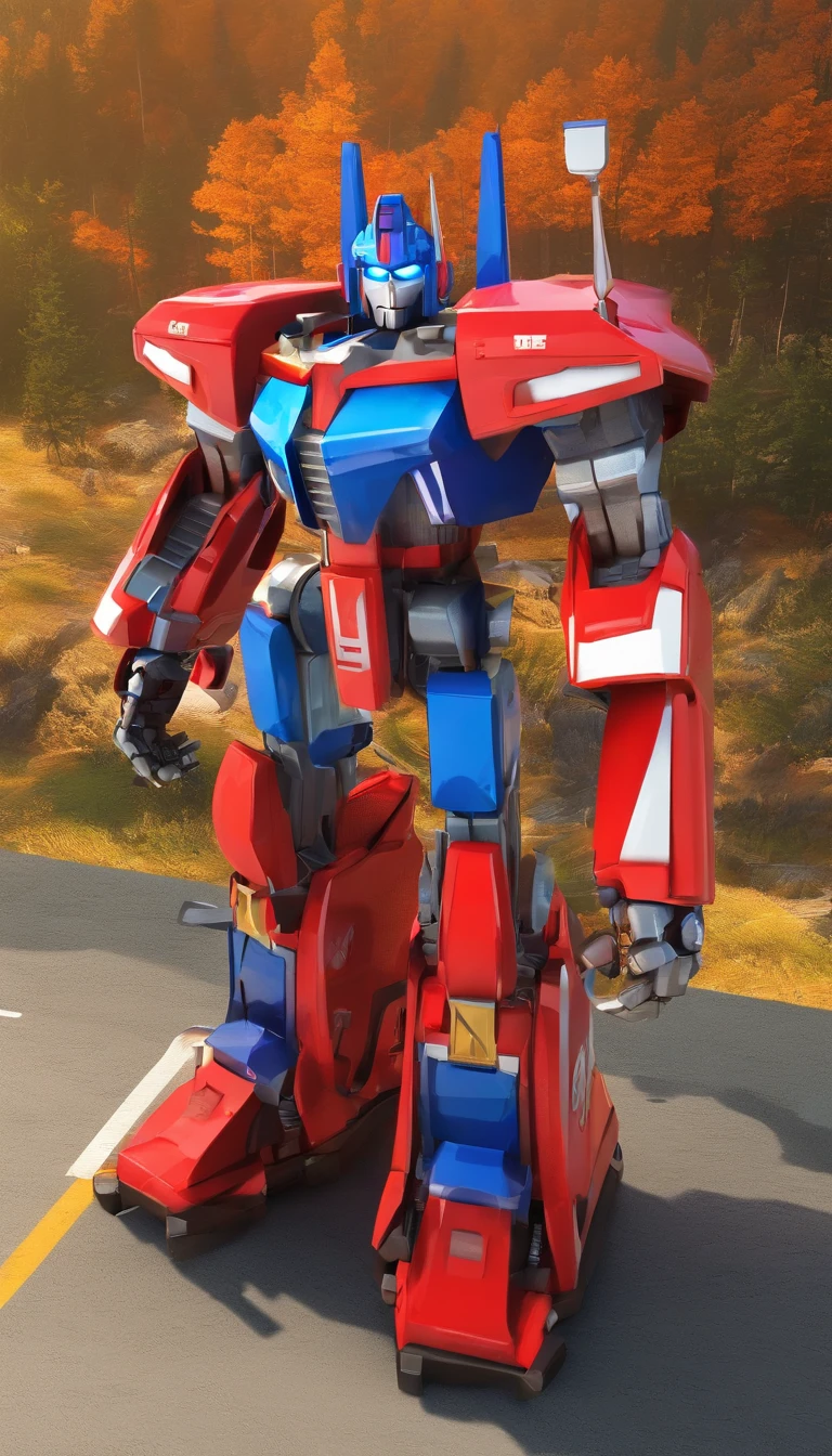 the real Optimus prime as an airport fire truck-z8-Albert 8x8, like his 2007 animated counterpart with blue head, blue hands, light blue energon eyes and blue legs , and autobot logos on his shoulders, along with him holding his red and grey axe that has a blue energon blade, robot mode with a vehicle next to him that is also an airport fire truck-z8-Albert 8x8, he should have some black accents on his arms and chest