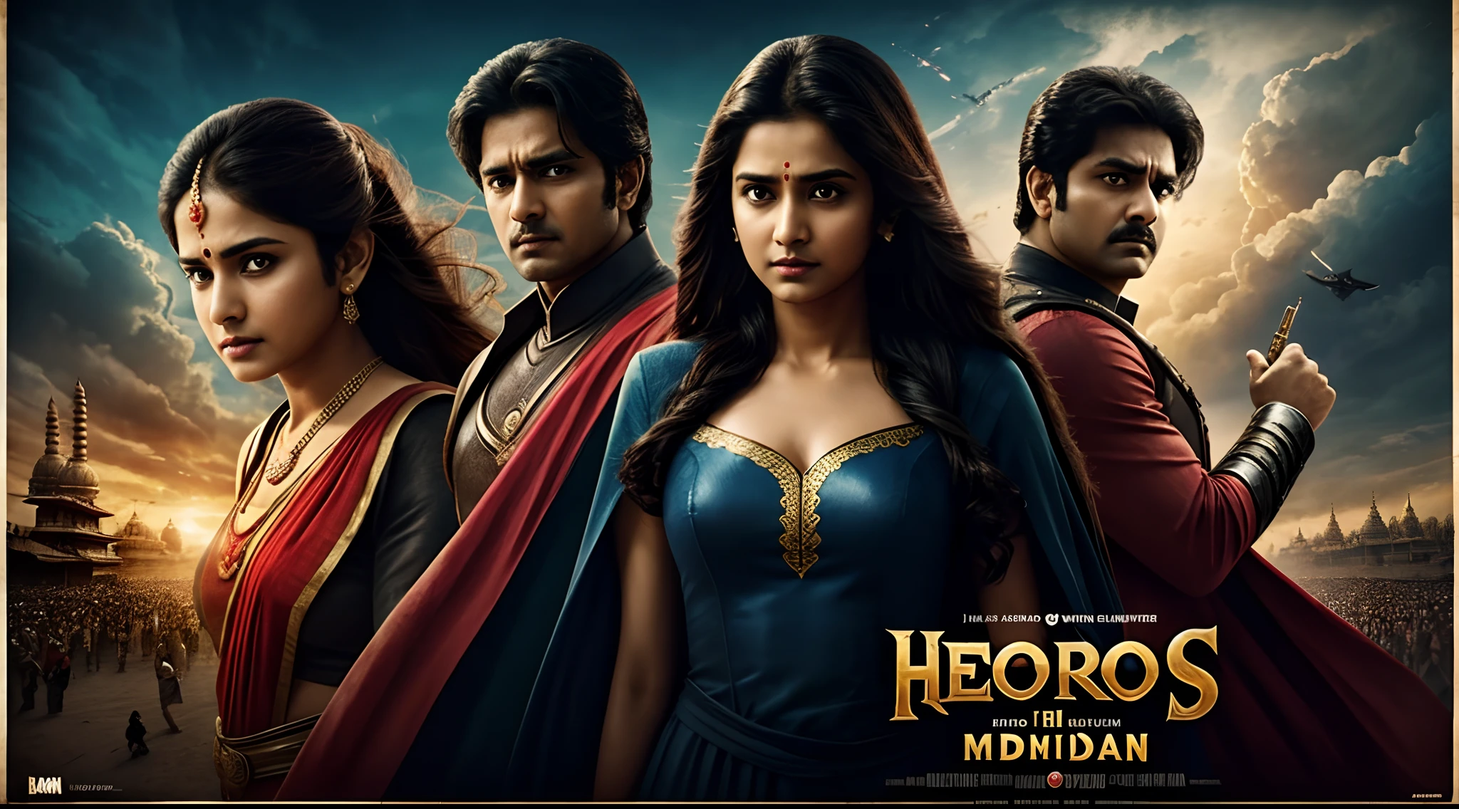 Hero, Heroine and villain in one poster, movie poster style, indian simple movie, ( no text ), cinematic, romantic