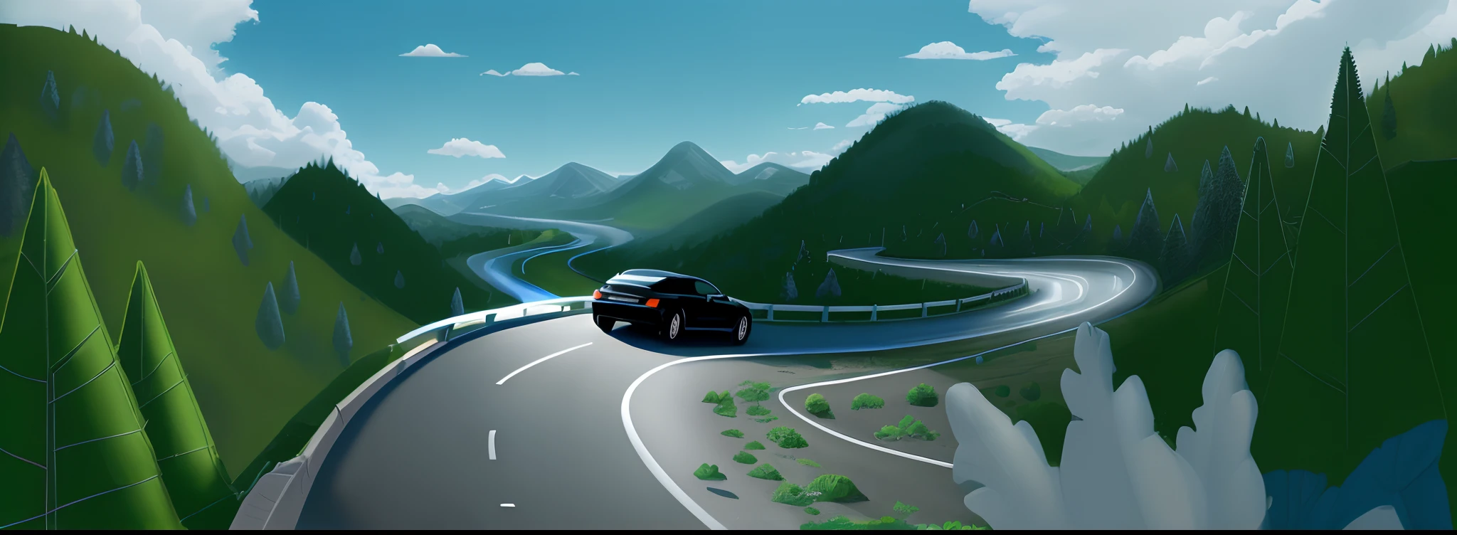 The car was driving on a mountain road,a green forest,Blue sky,Black car,White pavement,Various plants,with blue sky and white clouds,and the sun was shining brightly,brightly,Fine,Cinema lenses,8K,Real light,Ultra HD details