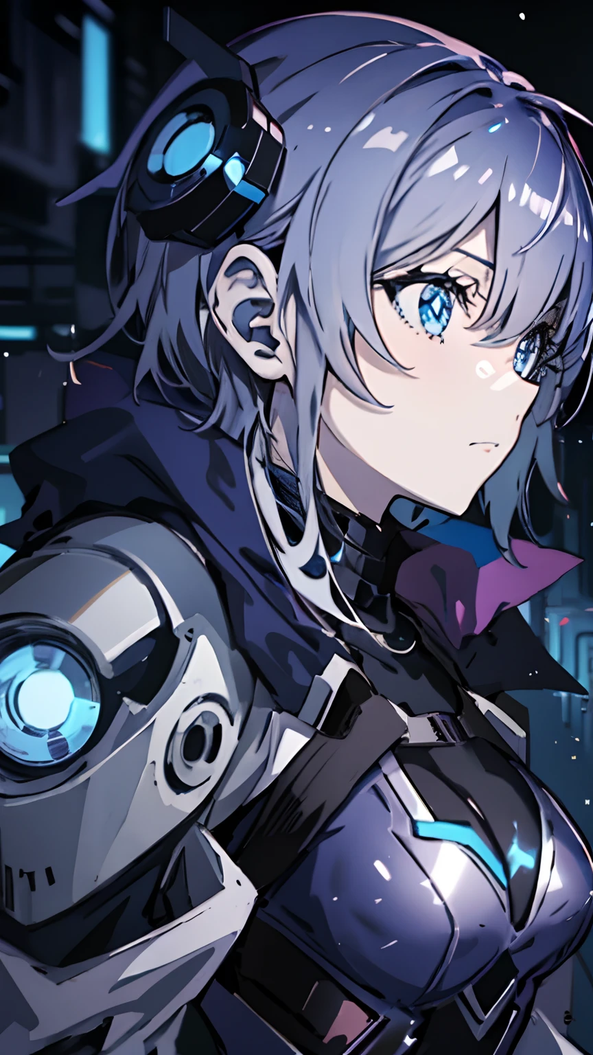 (anime girl with blue eyes), best anime 4k konachan wallpaper, with glowing blue eyes, anime robotic mixed with organic,blue cyborg eyes, anime cyborg, cyberpunk anime girl mech, mecha asthetic, his eyes glowing blue, a teen biopunk cyborg, anime manga robot!! anime girl, metal and glowing eyes, (zoom:1.5), cool expression, face in profile